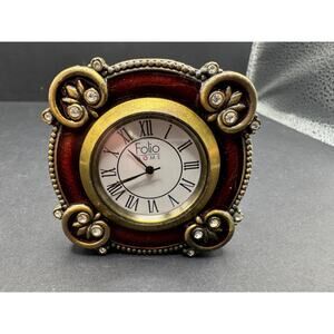 Vintage Folio Home Mini Nostalgia Travel Size Jewelled Round Clock Untested